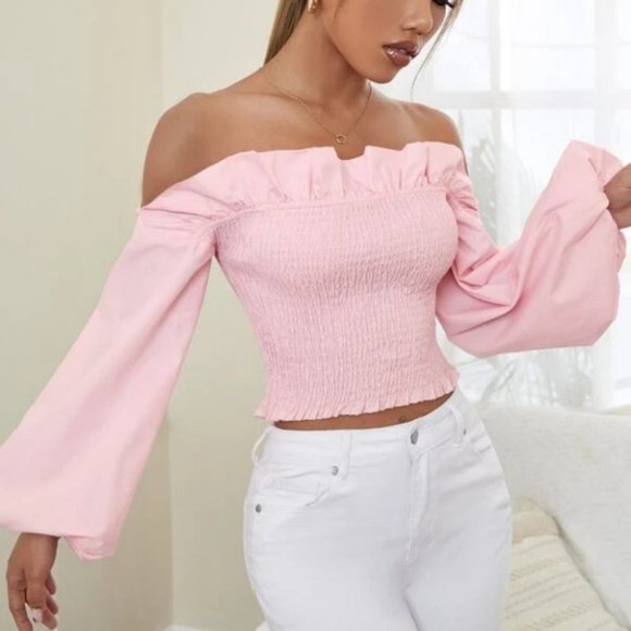 Off Shoulder Ruffle Trim Shirred Long sleeved Crop Blouse Pink - Picture 2 of 5